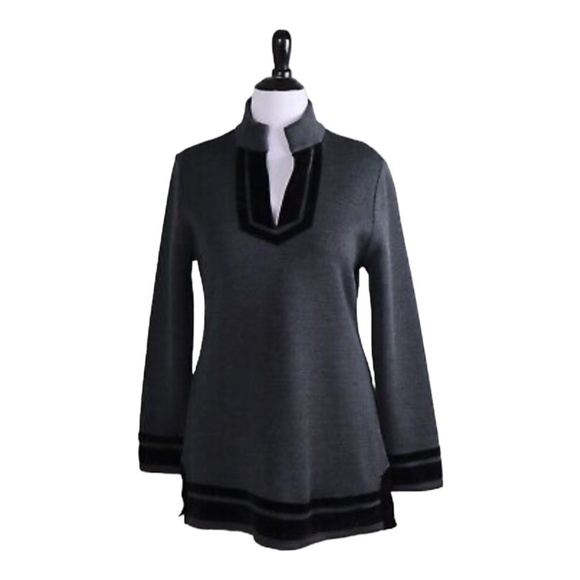 Soft Surroundings  Gray Wool Blend Velvet Trim Top Sweater Tunic.  Size  S - Picture 1 of 10